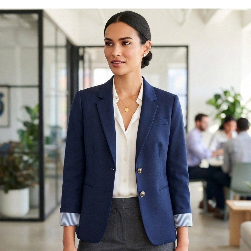 J.Crew Blazer Womens Medium Navy Blue Two Button Striped Lining Professional